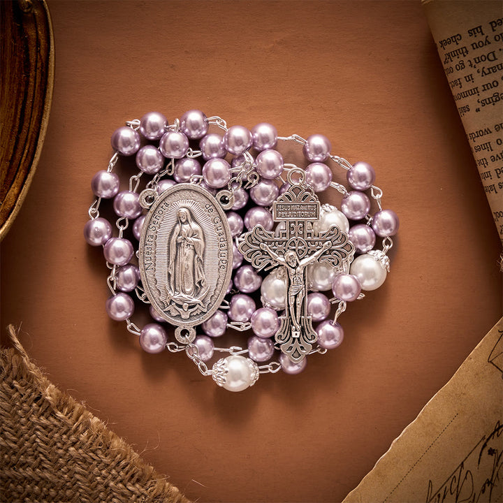 SolaceBeads Multi-Color Pearl Artistic Rosary：Blue/Purple/Pink Options with Crucifix &amp; Medal - image 12