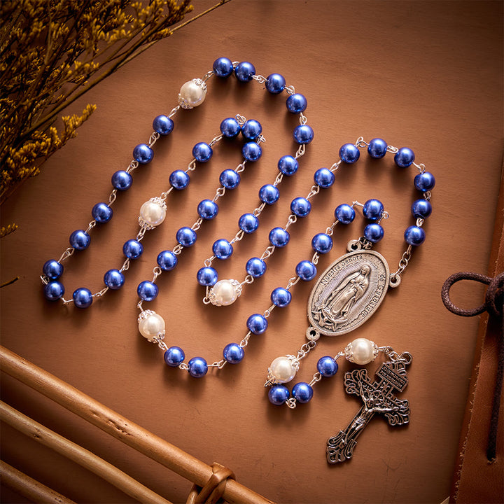 SolaceBeads Multi-Color Pearl Artistic Rosary：Blue/Purple/Pink Options with Crucifix &amp; Medal - image 7