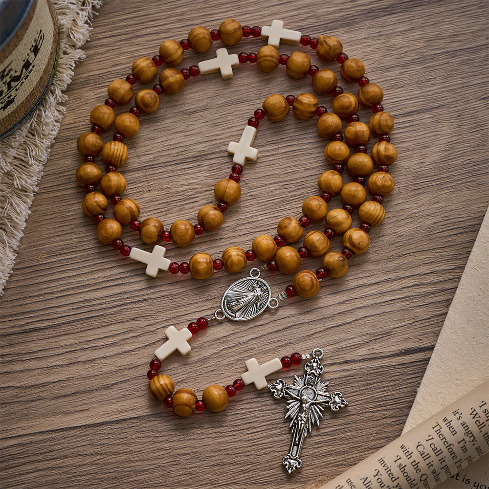 Solacebeads Pine Wood Divine Mercy Rosary Chaplet With White Cross Charms: Rooted In Heavenly Grace - Divine Mercy - image 0