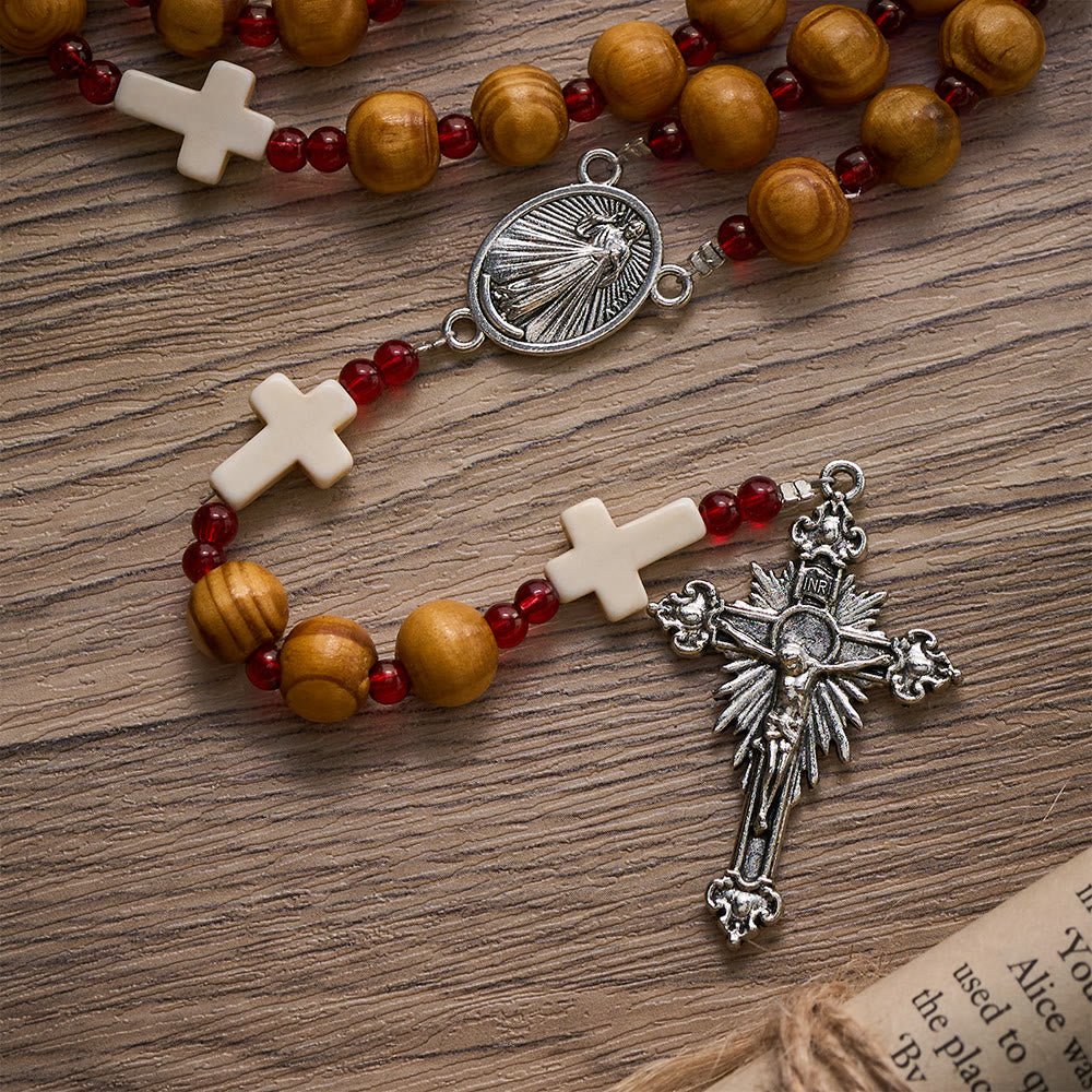 Solacebeads Pine Wood Divine Mercy Rosary Chaplet With White Cross Charms: Rooted In Heavenly Grace - image 3