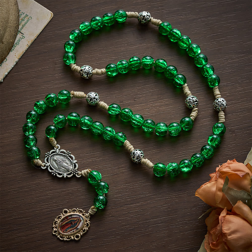 SolaceBeads Emerald Glass Chaplets With Ornate Metal Spacers &amp; Guadalupe Portrait Charm - image 3