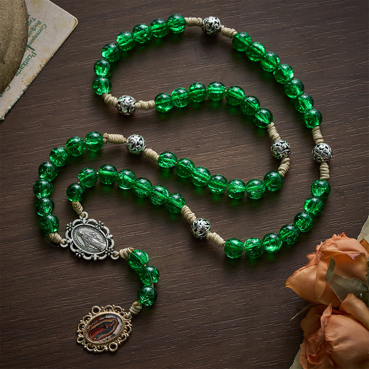 SolaceBeads Emerald Glass Chaplets With Ornate Metal Spacers &amp; Guadalupe Portrait Charm - image 3