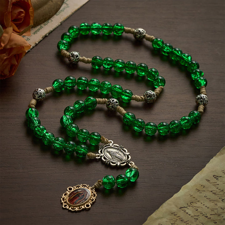 SolaceBeads Emerald Glass Chaplets With Ornate Metal Spacers &amp; Guadalupe Portrait Charm - image 7