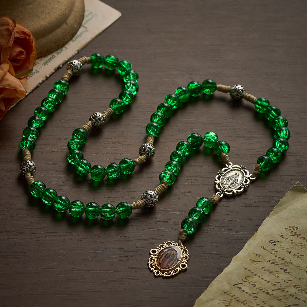 SolaceBeads Emerald Glass Chaplets With Ornate Metal Spacers &amp; Guadalupe Portrait Charm - image 2