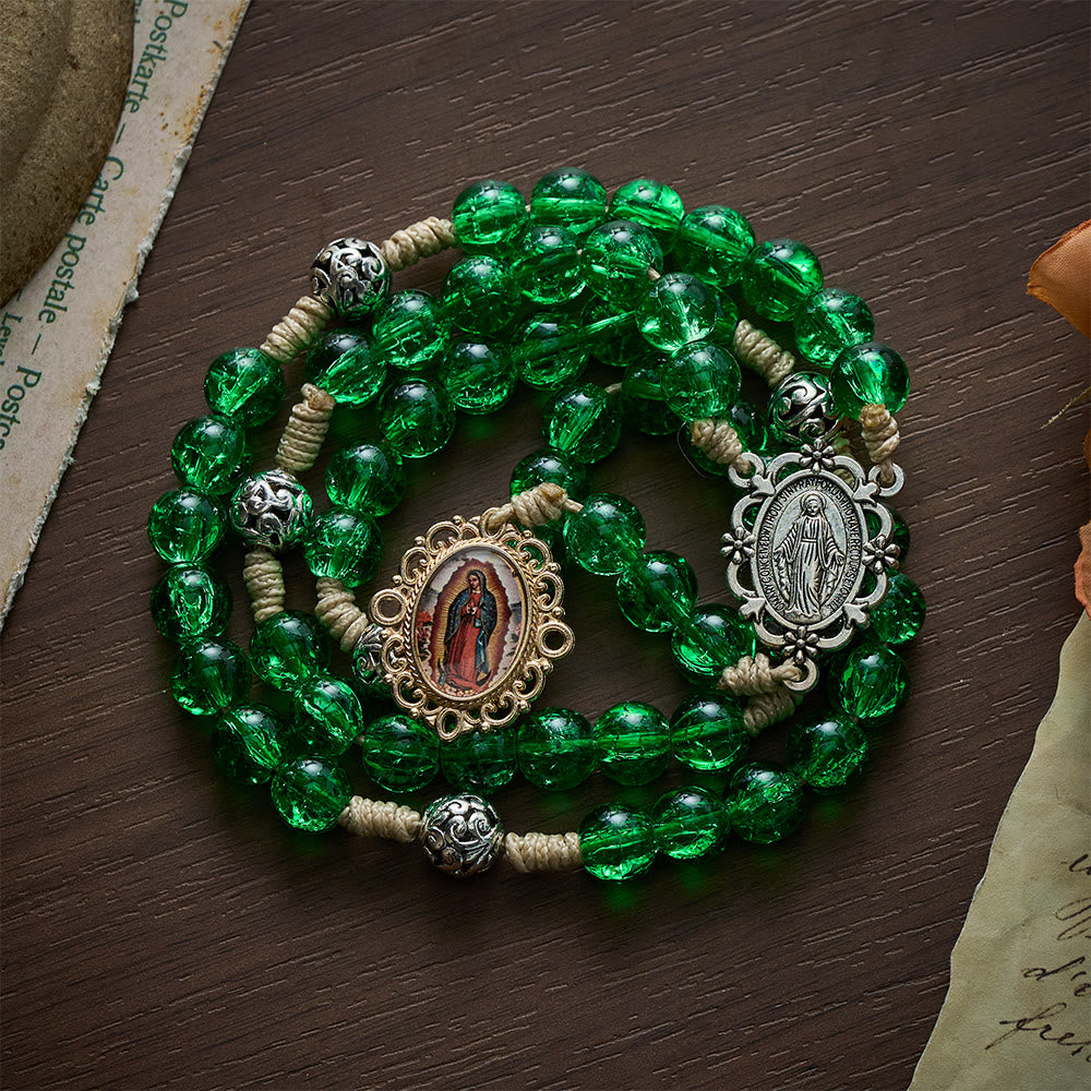 SolaceBeads Emerald Glass Chaplets With Ornate Metal Spacers &amp; Guadalupe Portrait Charm - image 8