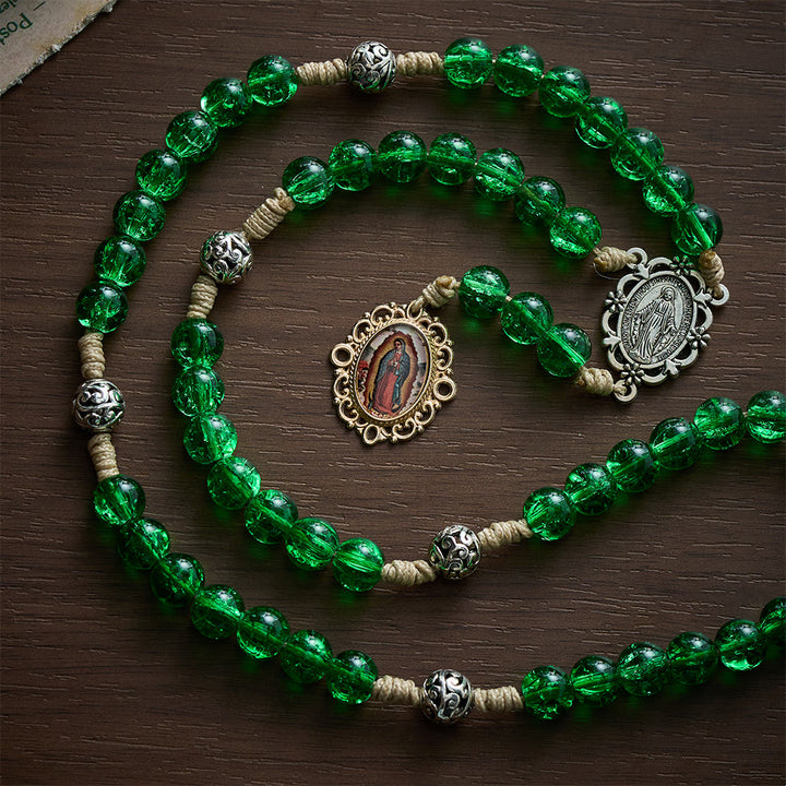 SolaceBeads Emerald Glass Chaplets With Ornate Metal Spacers &amp; Guadalupe Portrait Charm - image 6
