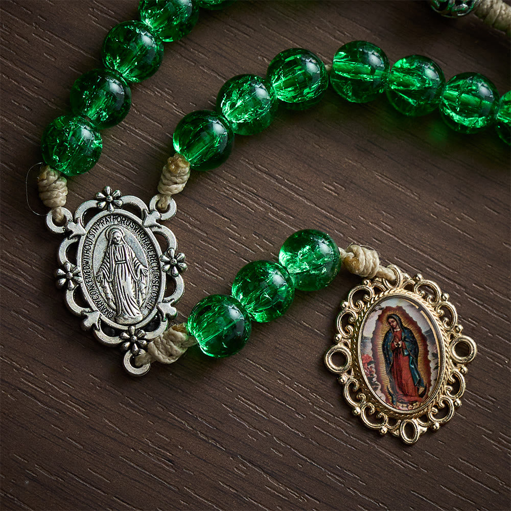 SolaceBeads Emerald Glass Chaplets With Ornate Metal Spacers &amp; Guadalupe Portrait Charm - image 5