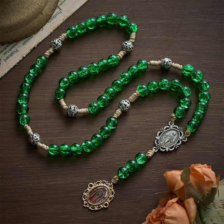 SolaceBeads Emerald Glass Chaplets With Ornate Metal Spacers &amp; Guadalupe Portrait Charm - Seven Sorrows - image 0
