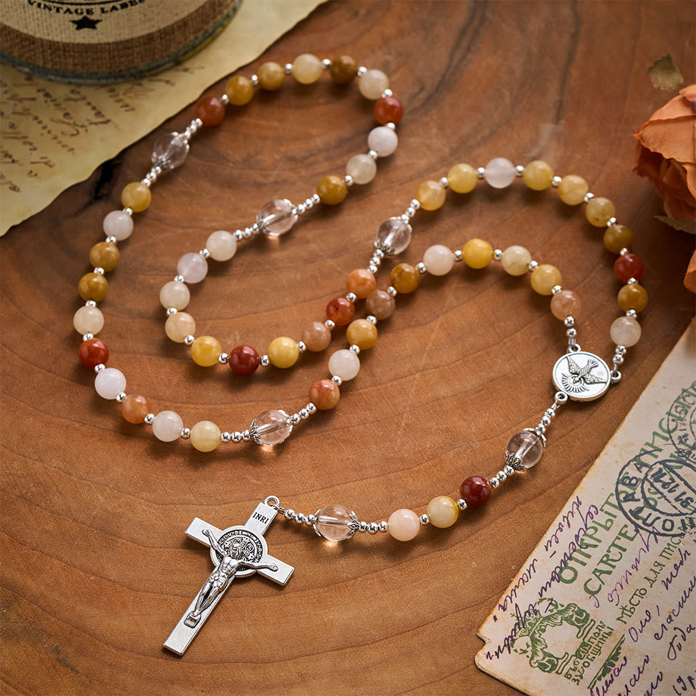 SolaceBeads Golden Jade Chalcedony Stone Rosary With Dove Medal &amp; Cross: Warm Earthy Glow - image 3