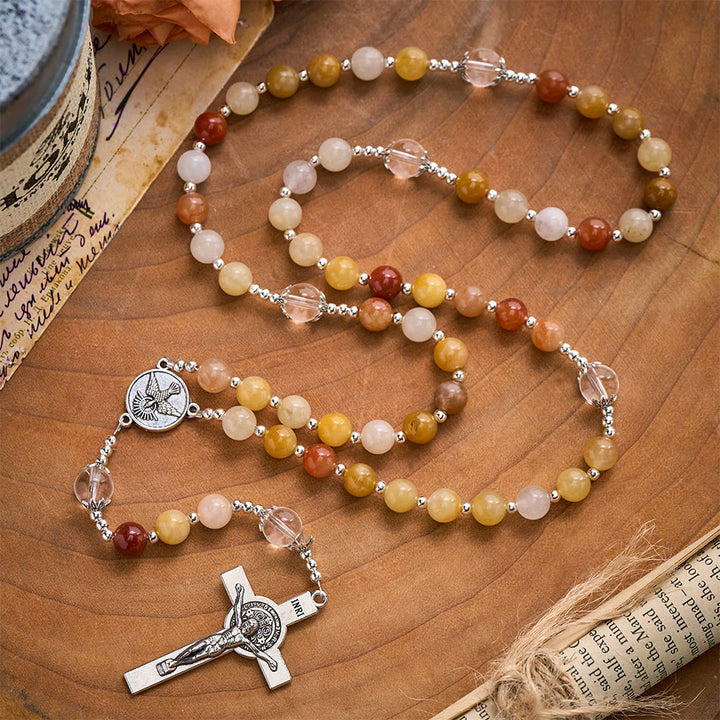 SolaceBeads Golden Jade Chalcedony Stone Rosary With Dove Medal &amp; Cross: Warm Earthy Glow - image 8