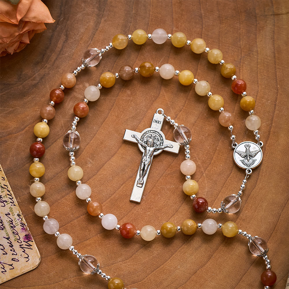 SolaceBeads Golden Jade Chalcedony Stone Rosary With Dove Medal &amp; Cross: Warm Earthy Glow - image 4
