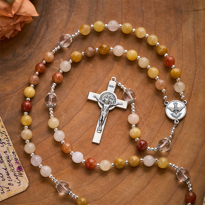 SolaceBeads Golden Jade Chalcedony Stone Rosary With Dove Medal &amp; Cross: Warm Earthy Glow - image 4