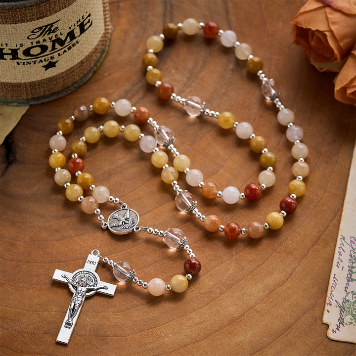 SolaceBeads Golden Jade Chalcedony Stone Rosary With Dove Medal &amp; Cross: Warm Earthy Glow - image 2