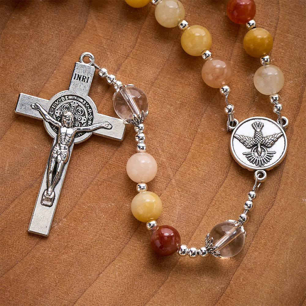 SolaceBeads Golden Jade Chalcedony Stone Rosary With Dove Medal &amp; Cross: Warm Earthy Glow - image 6