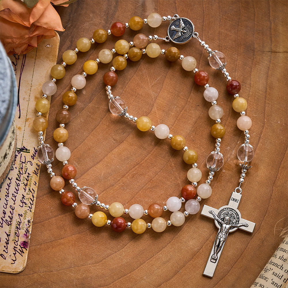 SolaceBeads Golden Jade Chalcedony Stone Rosary With Dove Medal & Cross: Warm Earthy Glow - Multicolor - image 0
