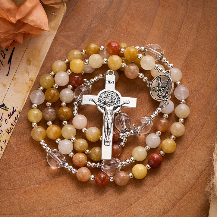 SolaceBeads Golden Jade Chalcedony Stone Rosary With Dove Medal &amp; Cross: Warm Earthy Glow - image 7
