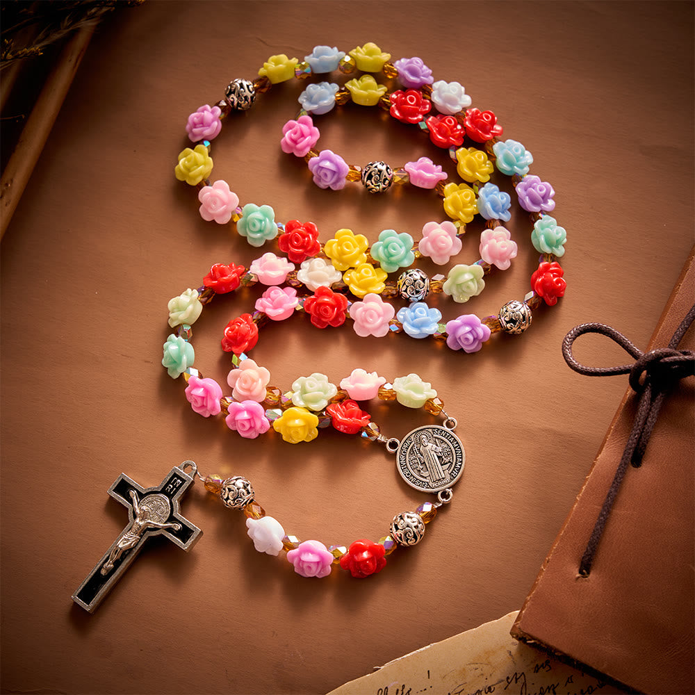 SolaceBeads Rainbow Bloom Artistic Rosary with & St.Benedict Ornaments: Rooted in Joyful Grace - Multi-color - image 0