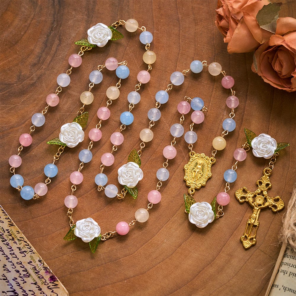 SolaceBeads Multi-Color Chalcedony Stone Rosary With White Rose, Medal & Crucifix: Soft Floral Elegance - Multicolor - image 0