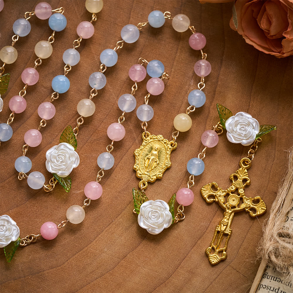 SolaceBeads Multi-Color Chalcedony Stone Rosary With White Rose, Medal &amp; Crucifix: Soft Floral Elegance - image 4