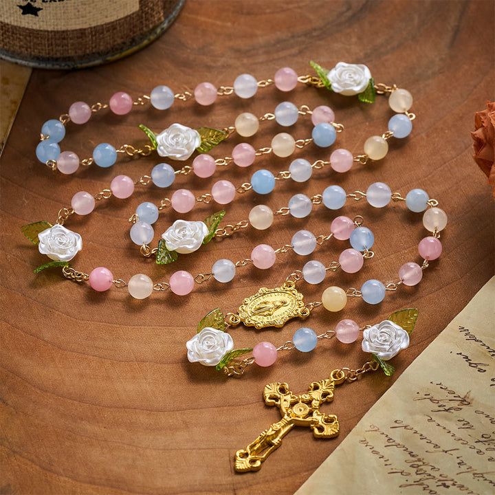 SolaceBeads Multi-Color Chalcedony Stone Rosary With White Rose, Medal &amp; Crucifix: Soft Floral Elegance - image 8