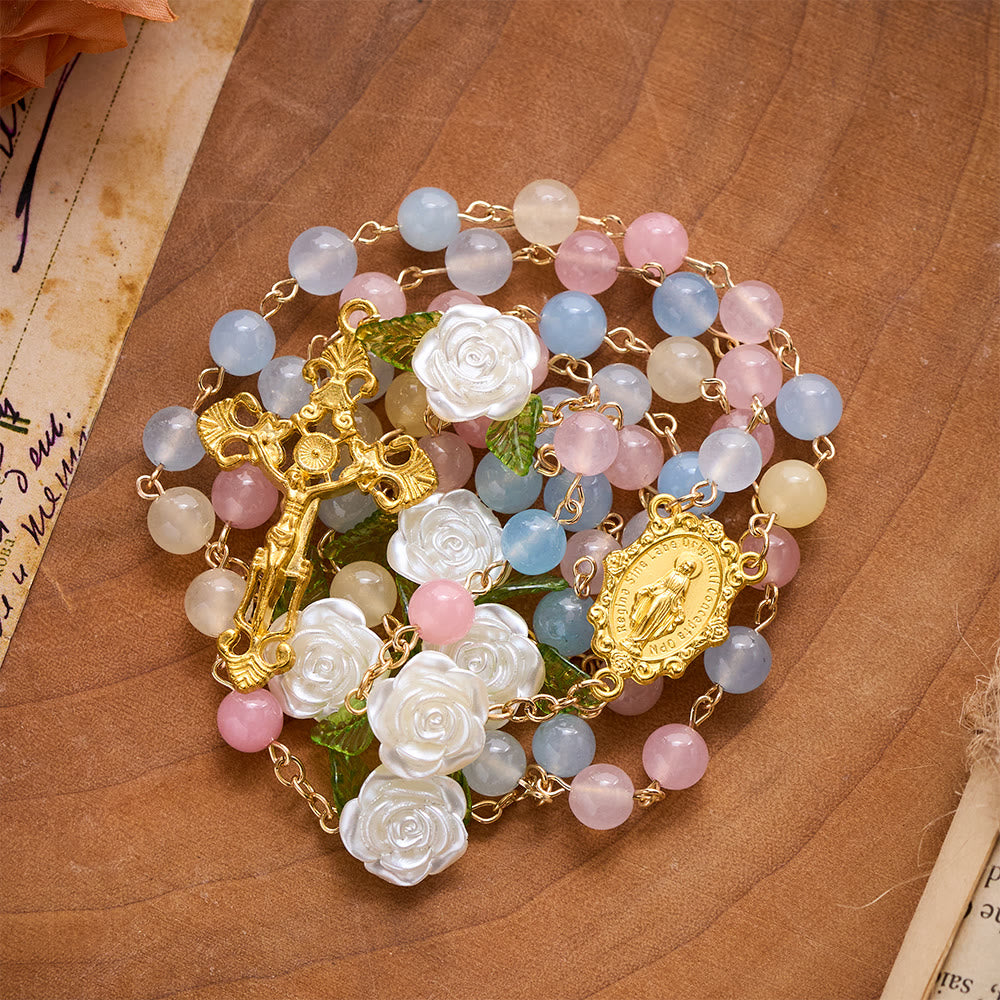 SolaceBeads Multi-Color Chalcedony Stone Rosary With White Rose, Medal &amp; Crucifix: Soft Floral Elegance - image 7