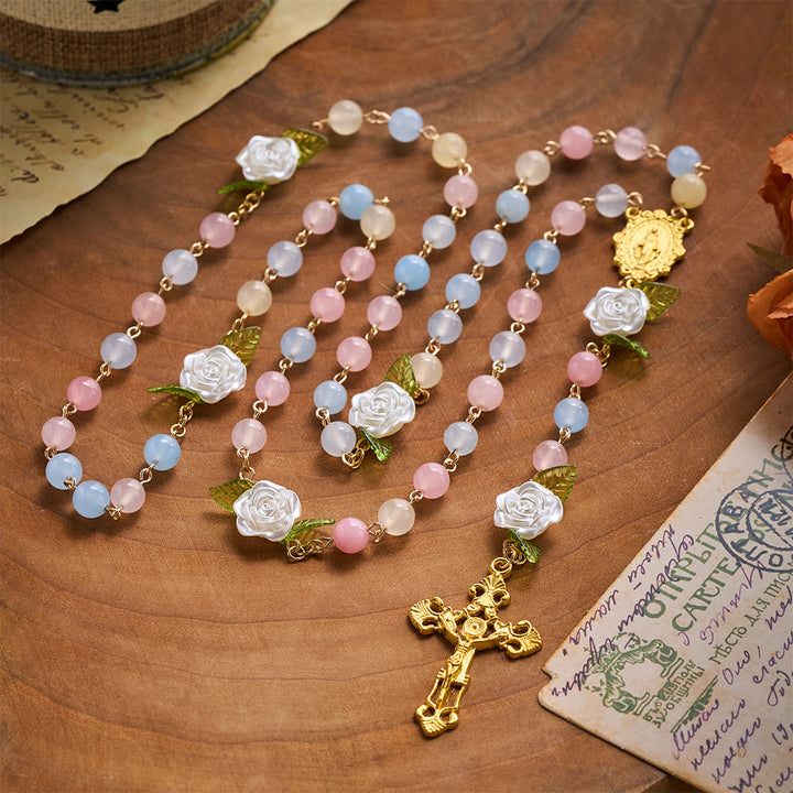SolaceBeads Multi-Color Chalcedony Stone Rosary With White Rose, Medal &amp; Crucifix: Soft Floral Elegance - image 3