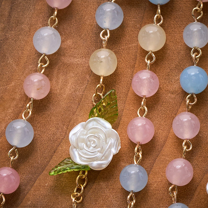 SolaceBeads Multi-Color Chalcedony Stone Rosary With White Rose, Medal &amp; Crucifix: Soft Floral Elegance - image 5