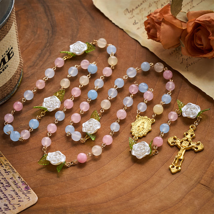 SolaceBeads Multi-Color Chalcedony Stone Rosary With White Rose, Medal &amp; Crucifix: Soft Floral Elegance - image 2