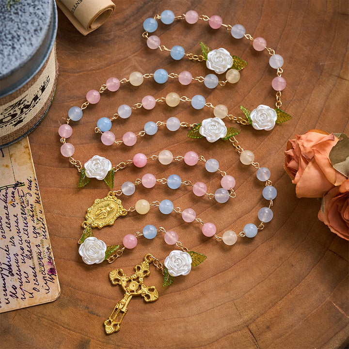 SolaceBeads Multi-Color Chalcedony Stone Rosary With White Rose, Medal &amp; Crucifix: Soft Floral Elegance - image 9