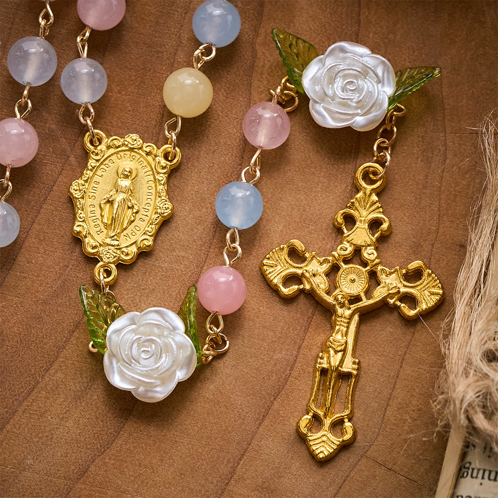SolaceBeads Multi-Color Chalcedony Stone Rosary With White Rose, Medal &amp; Crucifix: Soft Floral Elegance - image 6