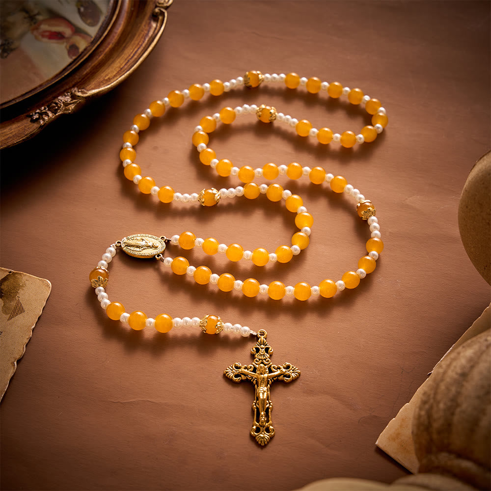 SolaceBeads Golden Yellow Glass Artistic Rosary With Imitation Pearl Spacers, Gold Medal &amp;  Crucifix - image 2