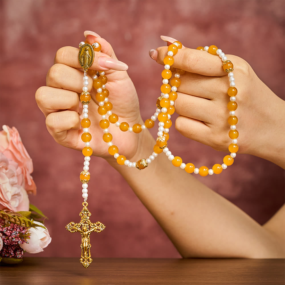 SolaceBeads Golden Yellow Glass Artistic Rosary With Imitation Pearl Spacers, Gold Medal &amp;  Crucifix - image 1