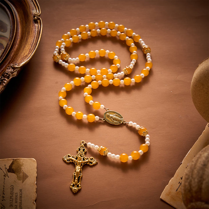 SolaceBeads Golden Yellow Glass Artistic Rosary With Imitation Pearl Spacers, Gold Medal &amp;  Crucifix - image 3