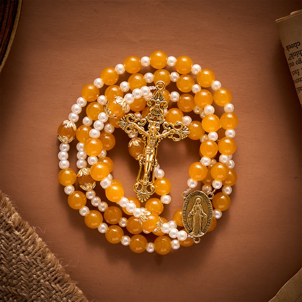 SolaceBeads Golden Yellow Glass Artistic Rosary With Imitation Pearl Spacers, Gold Medal &amp;  Crucifix - image 7