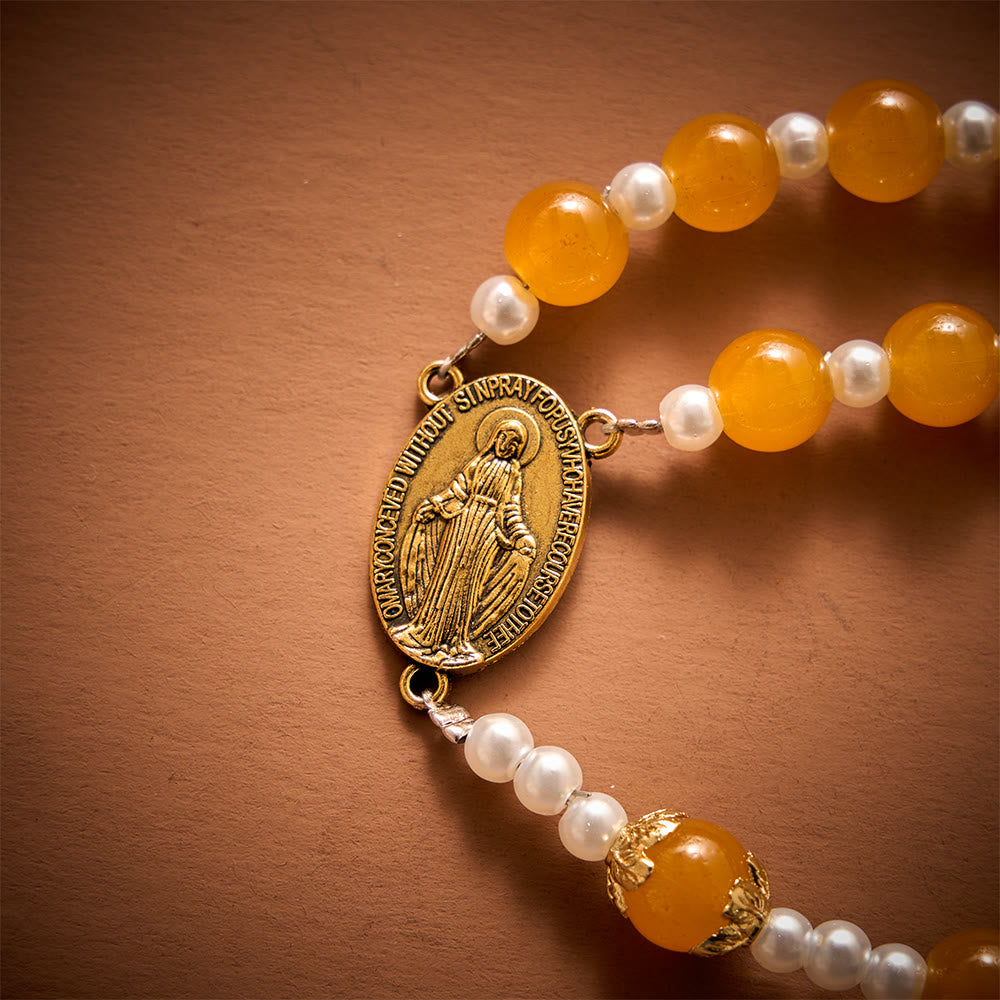 SolaceBeads Golden Yellow Glass Artistic Rosary With Imitation Pearl Spacers, Gold Medal &amp;  Crucifix - image 5