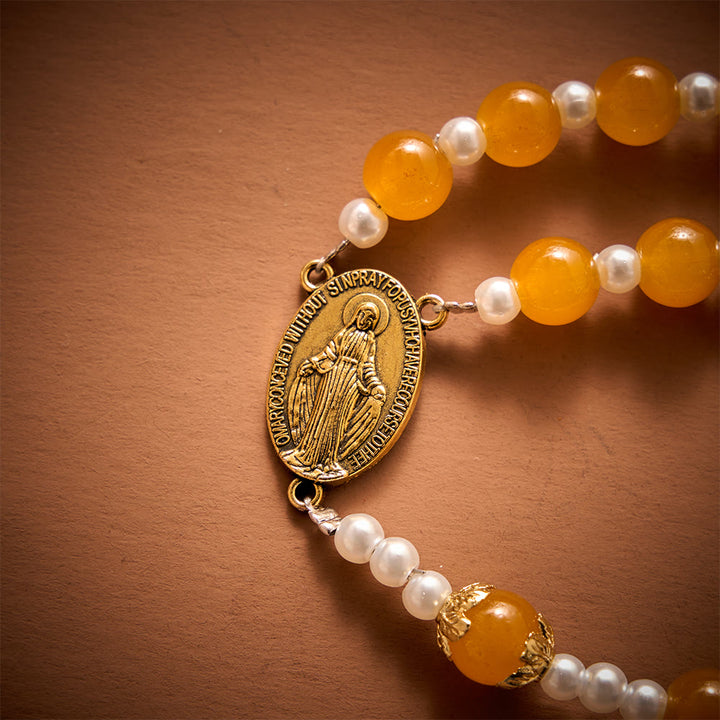SolaceBeads Golden Yellow Glass Artistic Rosary With Imitation Pearl Spacers, Gold Medal &amp;  Crucifix - image 5