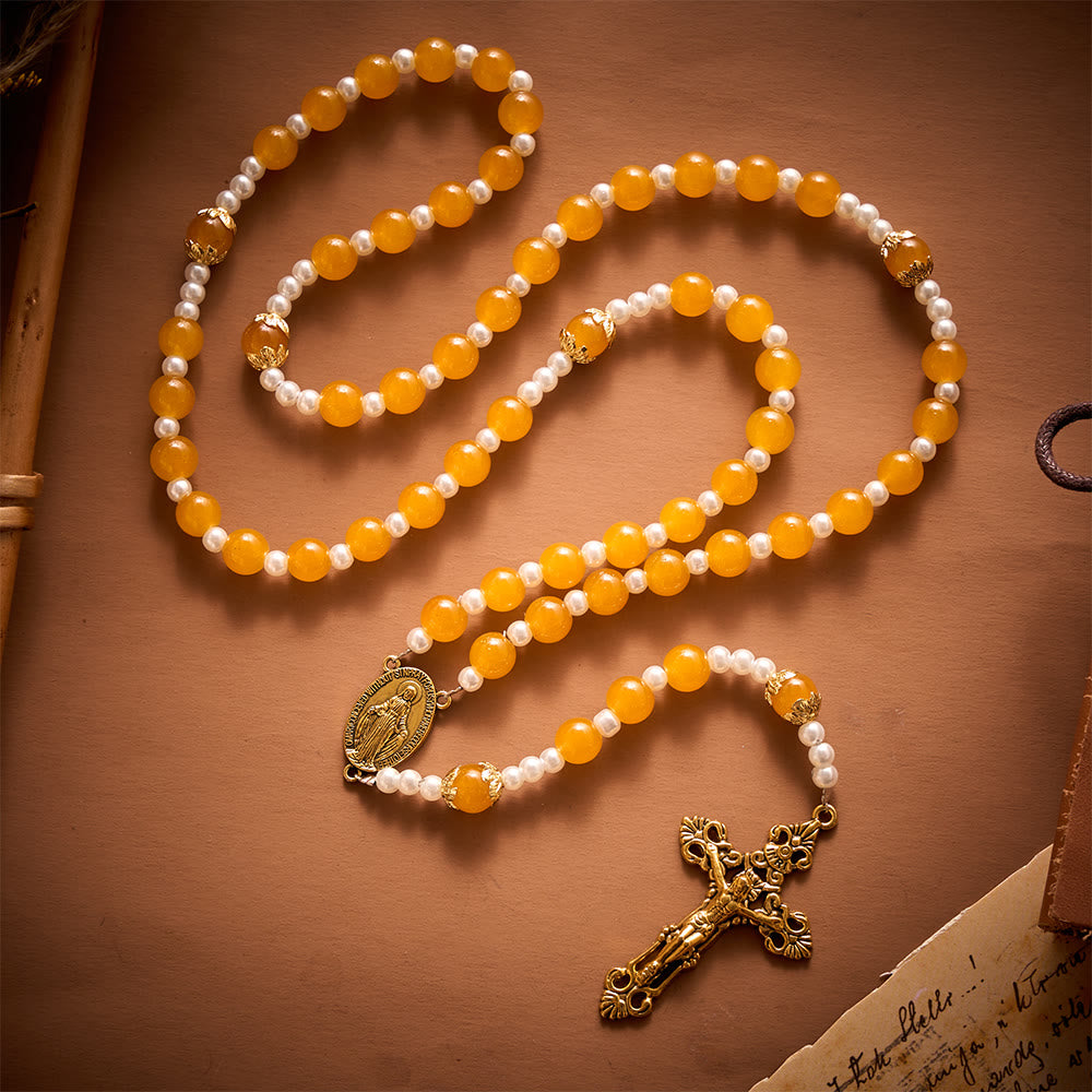 SolaceBeads Golden Yellow Glass Artistic Rosary With Imitation Pearl Spacers, Gold Medal &  Crucifix - Yellow - image 0