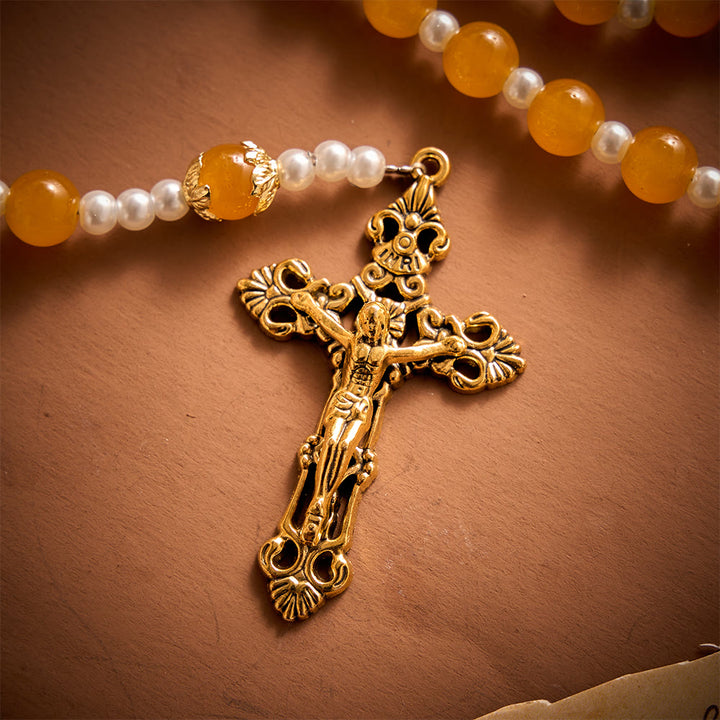 SolaceBeads Golden Yellow Glass Artistic Rosary With Imitation Pearl Spacers, Gold Medal &amp;  Crucifix - image 6