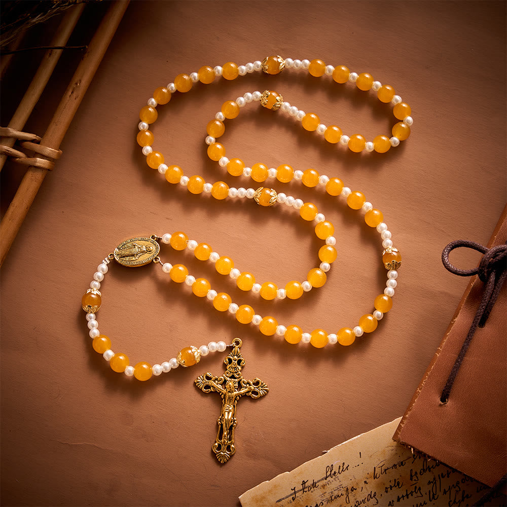 SolaceBeads Golden Yellow Glass Artistic Rosary With Imitation Pearl Spacers, Gold Medal &amp;  Crucifix - image 8