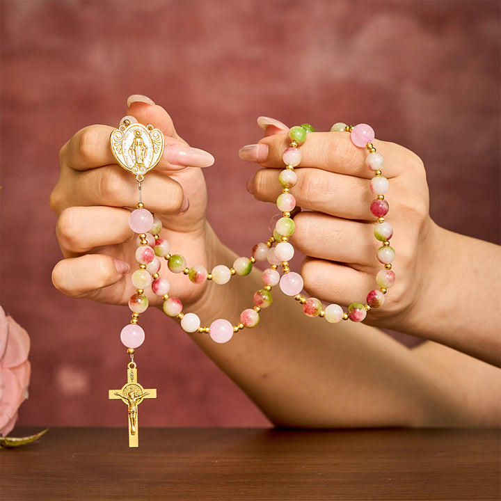 SolaceBeads Watermelon Tourmaline Stone Rosary with Crucifix &amp; Medal: Elegant Spiritual Keepsake - image 1