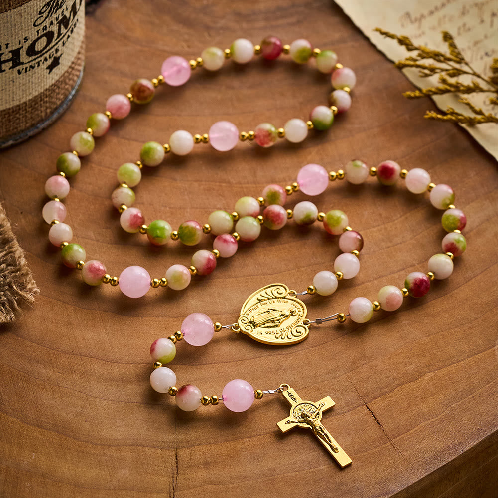 SolaceBeads Watermelon Tourmaline Stone Rosary with Crucifix &amp; Medal: Elegant Spiritual Keepsake - image 2