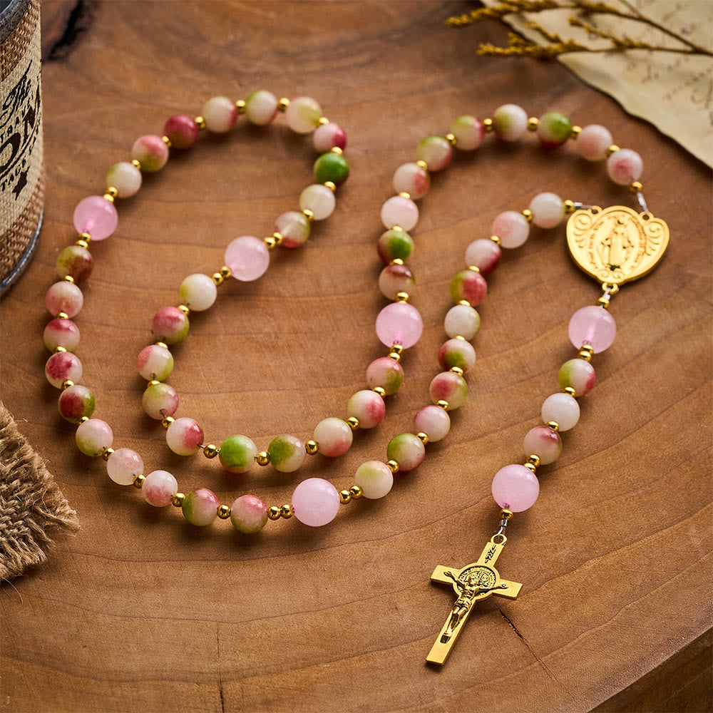 SolaceBeads Watermelon Tourmaline Stone Rosary with Crucifix &amp; Medal: Elegant Spiritual Keepsake - image 3