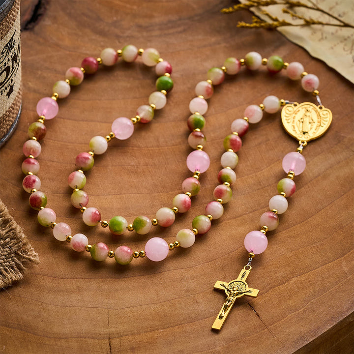 SolaceBeads Watermelon Tourmaline Stone Rosary with Crucifix &amp; Medal: Elegant Spiritual Keepsake - image 3