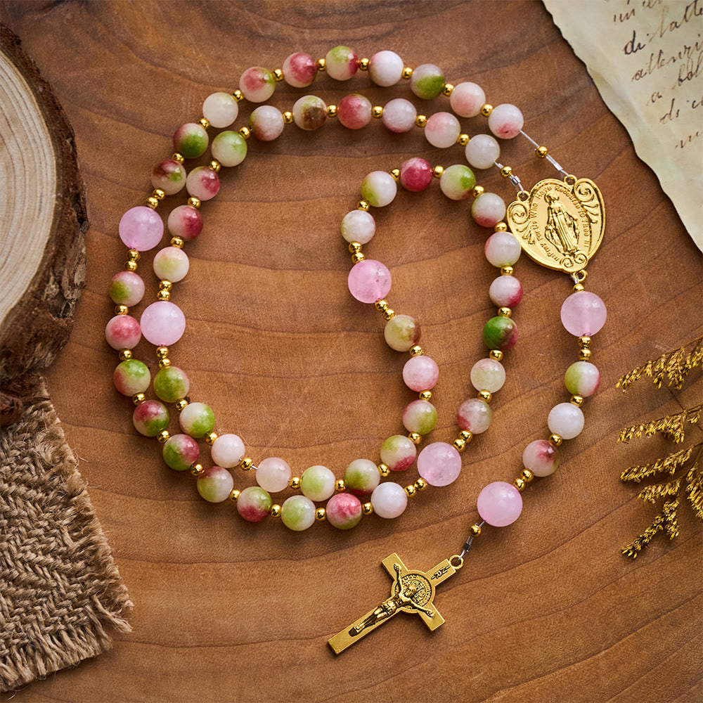 SolaceBeads Watermelon Tourmaline Stone Rosary with Crucifix & Medal: Elegant Spiritual Keepsake - Multiclor - image 0