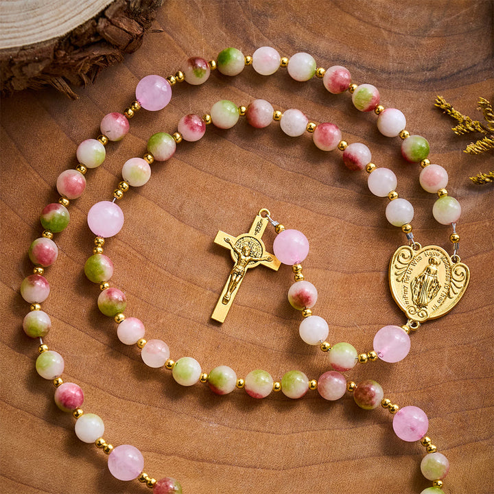 SolaceBeads Watermelon Tourmaline Stone Rosary with Crucifix &amp; Medal: Elegant Spiritual Keepsake - image 4
