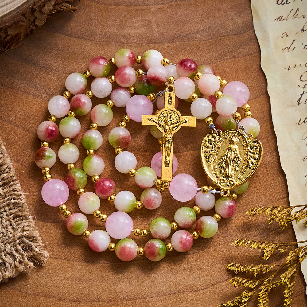 SolaceBeads Watermelon Tourmaline Stone Rosary with Crucifix &amp; Medal: Elegant Spiritual Keepsake - image 8