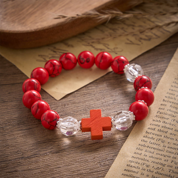 Solacebeads  Red Turquoise With Wooden Cross Crimson Calm Rosary Bracelet: Rooted In Serenity - Red Turquoise - image 0