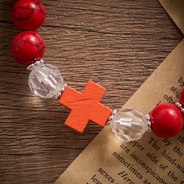 Solacebeads  Red Turquoise With Wooden Cross Crimson Calm Rosary Bracelet: Rooted In Serenity - image 1