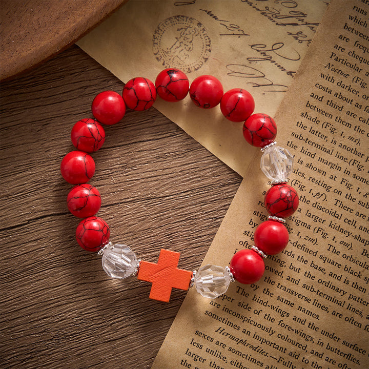 Solacebeads  Red Turquoise With Wooden Cross Crimson Calm Rosary Bracelet: Rooted In Serenity - image 4