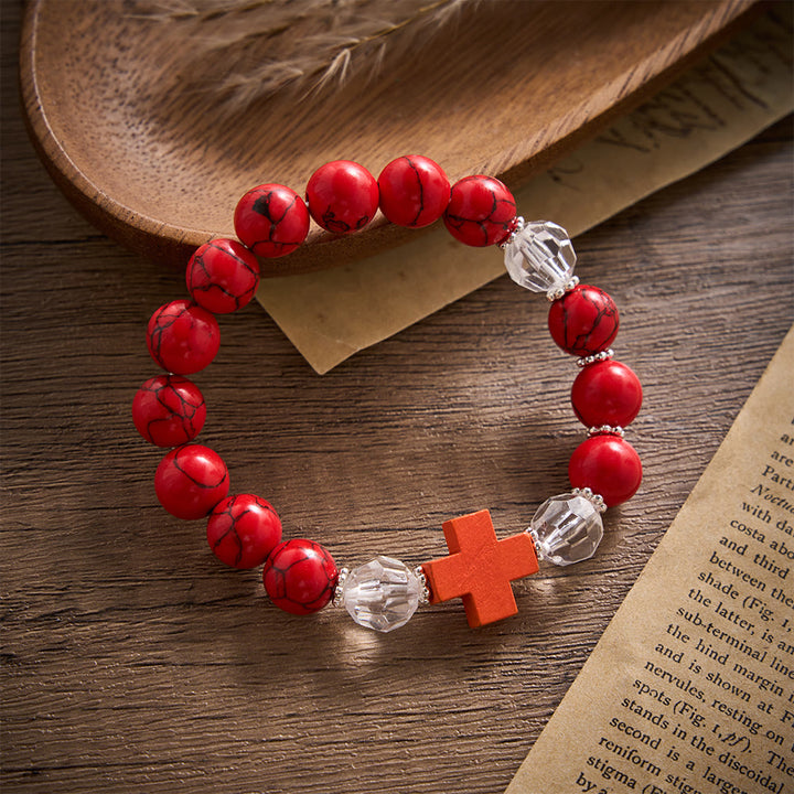Solacebeads  Red Turquoise With Wooden Cross Crimson Calm Rosary Bracelet: Rooted In Serenity - image 3